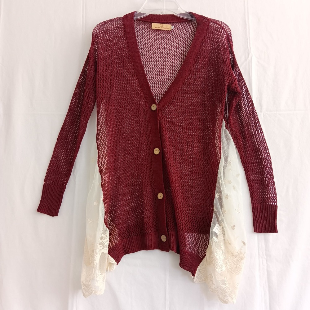 Grace & Emma Boho Open Knit Cardigan Women S/M Burgundy Lace Layered